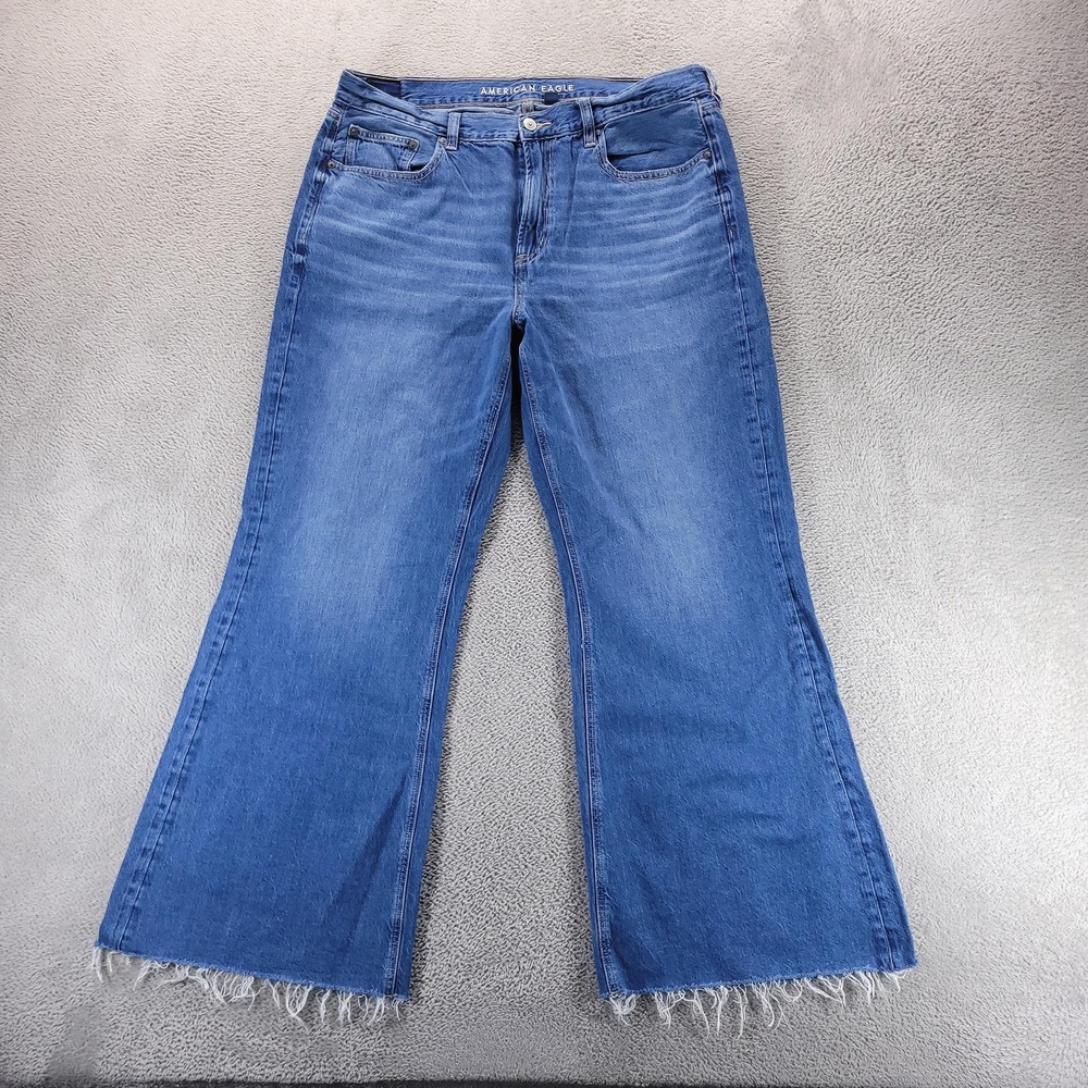 American Eagle Jeans Womens 14 Short Blue Low Rise Baggy Flare Fringe Hem